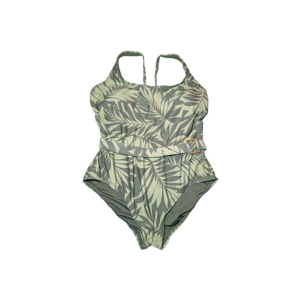 ⭐D1 Lands End Belted one pc Swimsuit Olive Green Palm Crisscross Back - L